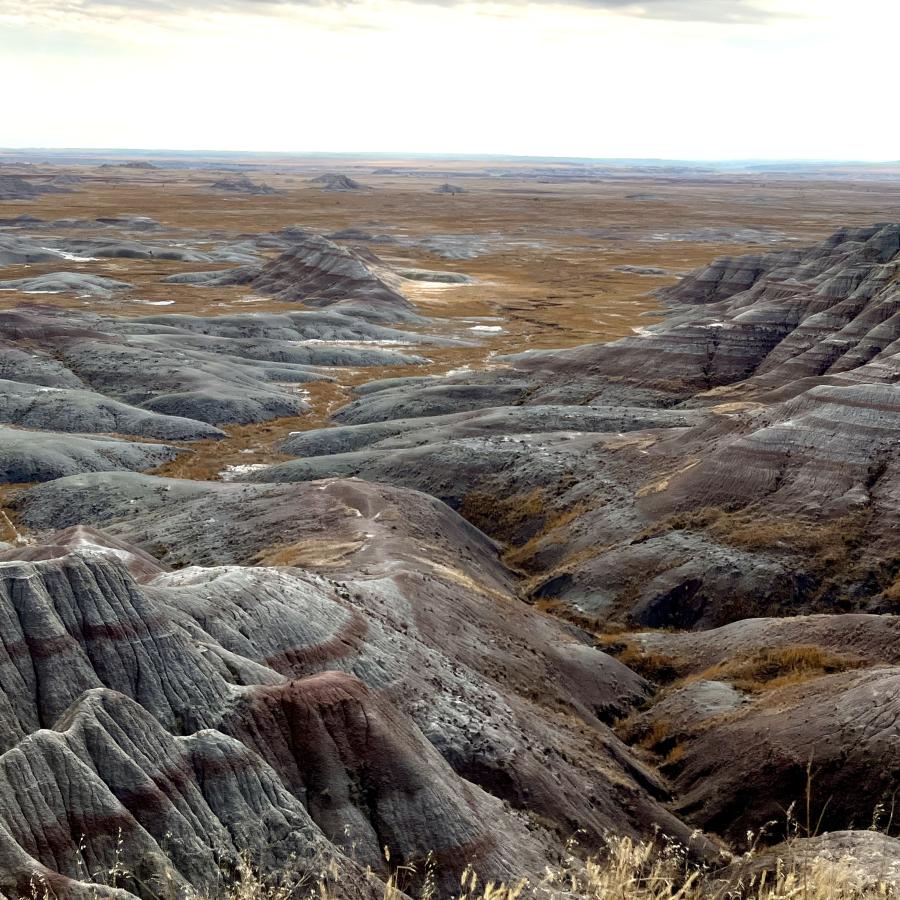 Gray skies over gray and rusty rock formations and golden grass. 